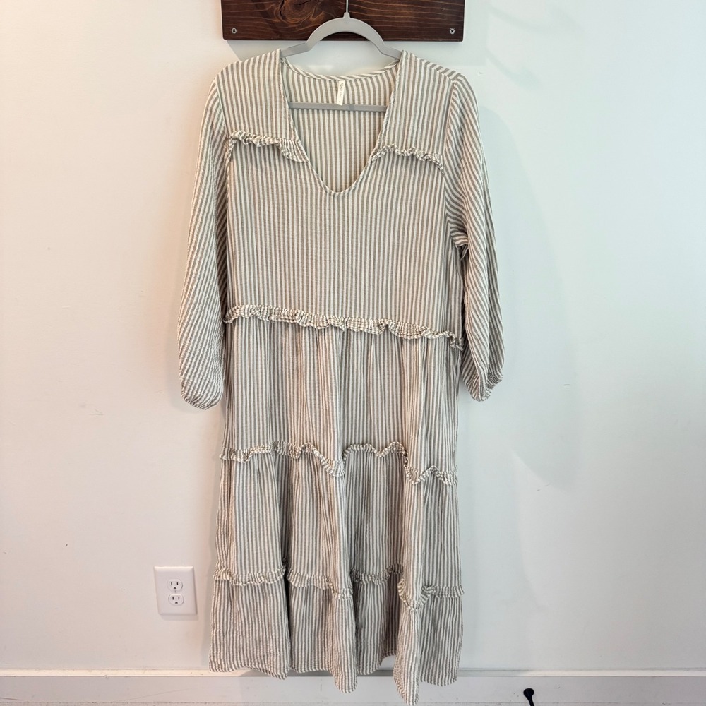 Rylee + Cru Olive Ivory Striped Mabel Tiered Midi Dress Cotton Medium